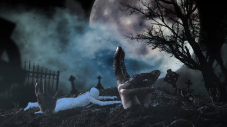Graveyard filled with tombstones. Zombie hands raising from under the ground. A mummy is crawling,...