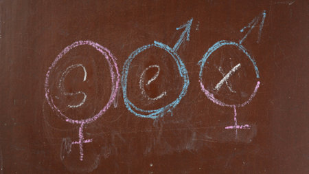 Textured brown chalkboard background. Sex is written, spelled inside female, male and transgender symbols on the board with a piece of white chalk. Close up shot.の写真素材