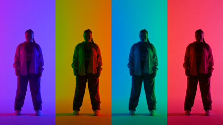 Multicolored collage of a woman dancing jazz-funk on pink and blue neon background in a studio....
