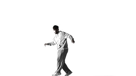 In the frame on a white background as if drawn with cartouche and style x effect. Man in clothes with street style. Demonstrates dance movement, posing. He is plastic, rhythmic.の写真素材
