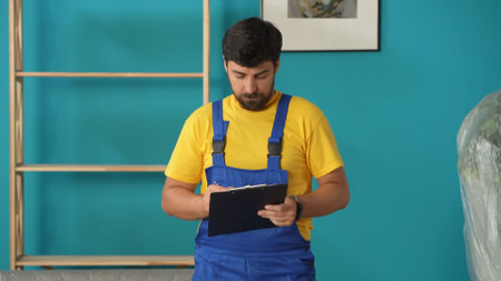 Close up shot of apartment living room. Portrait of delivery man service worker in the room holding check list papers with pen.の写真素材