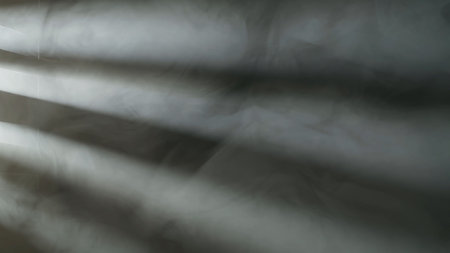 Rays of light from a spotlight through window sashes illuminate thick, dense smoke or fog on a black background close up. Abstract background of smoke and fog.の写真素材
