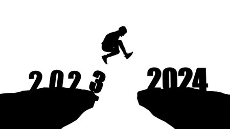 Silhouette man jumping on cliff 2024 over the precipice with stones. New Years concept. 2023 falls into the abyss. Welcome 2024. People enters the year 2024, creative idea.の写真素材