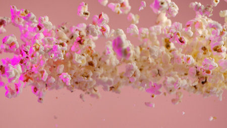 Falling popcorn, isolated on pink background.の写真素材