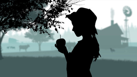 Portrait of gardener on graphic background with farm house and trees, isolated with alpha channel. Black silhouette of girl farmer holding apple from tree.の写真素材