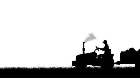 Portrait of person farmer isolated on white background with alpha channel. Black silhouette of gardener driving old tractor with trailer through farm.の写真素材