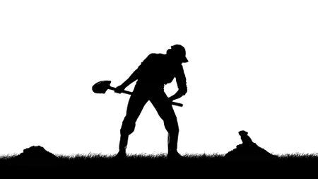 Portrait of person farmer isolated on white background with alpha channel. Black silhouette of gardener haunting a mole with a shovel.の写真素材