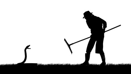 Portrait of person farmer isolated on white background with alpha channel. Black silhouette of gardener hunting a snake with a rake.の写真素材