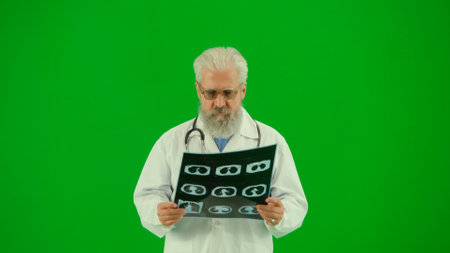 Portrait of man medic in studio on chroma key green screen. Senior doctor close up in white uniform standing holding x-ray and looking at it. Middle shot.の写真素材