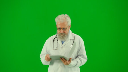 Portrait of man medic in studio on chroma key green screen. Senior doctor close up in white uniform standing and reading paper documents in folder. Middle shot.の写真素材