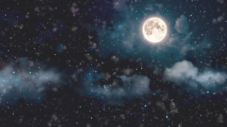 Beautiful Christmas landscape. There is a full moon in the sky and it is snowing.の写真素材