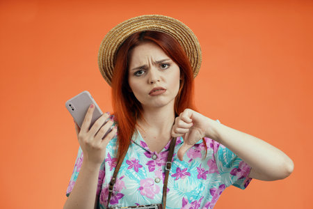 Close up of upset woman in straw hat, holding smartphone and showing thumbs down at the camera,...
