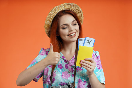 Close up of woman in straw hat holding flight tickets, passport looking at them and showing thumbs up, isolated on orange background. Portrait of female traveler.の写真素材