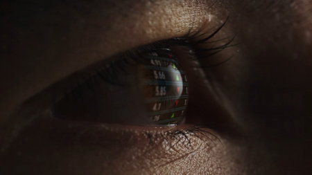 Macro shot of eyes with Stock Market Values reflection. Stock exchange trading concept.