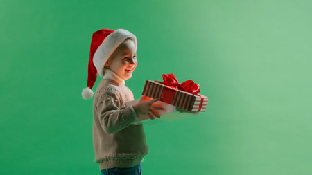 Portrait cute little girl kid in Santa hat holding gift box posing isolated over yellow background wall in studio. Magic light comes from the box. Christmas conceptの写真素材