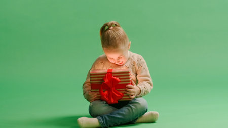 Portrait cute little girl kid holding gift box posing isolated over yellow background wall in studio. Magic light comes from the box. Christmas conceptの写真素材