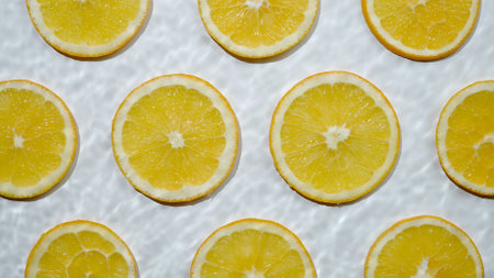 Slice of orange underwater or in water with splashing and droplet top view flat lay on white...