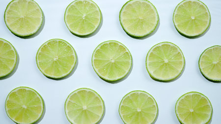 Yellow sliced limes places on a white table. Background texture of fresh green fruit.の写真素材