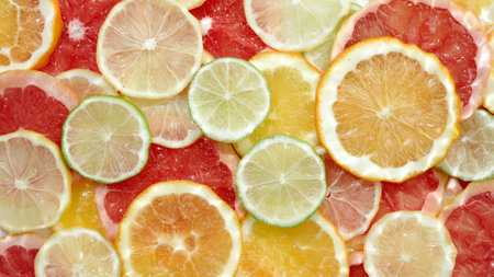 Slice of citrus fruit underwater or in water with splashing and droplet top view flat lay on white background.の写真素材