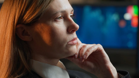 Financial analyzing and market forecast concept with young woman working with data.の写真素材