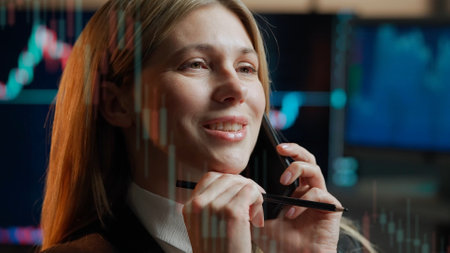 Financial analyzing and market forecast concept with young woman working with data. Double exposureの写真素材