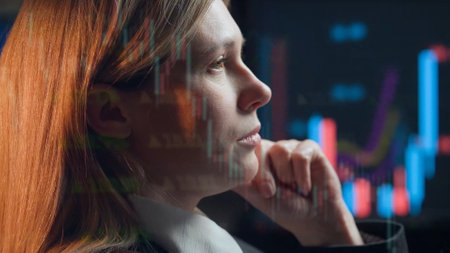 Financial analyzing and market forecast concept with young woman working with data. Double exposureの写真素材
