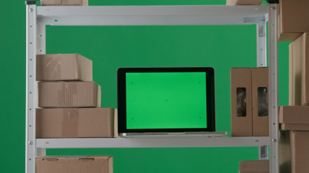 The frame is on a green background. It depicts an empty room with stylings on which stand boxes and a laptop with a green screen. No people in the room. Space for advertising. Medium frameの写真素材