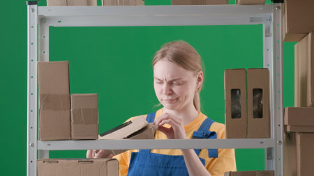 Framed on a green background, chromakey. Depicts a young woman in uniform. Demonstrates a worker, a...