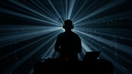 Silhouette of a DJ at Club Event with Stage Lightsの写真素材