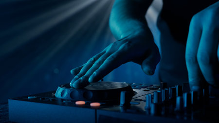 DJs Hands Adjusting Sound Mixer Under Club Lights