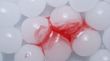 Lots of white hydrogel spheres. Shiny round gel spheres and red pigment glisten on white studio...