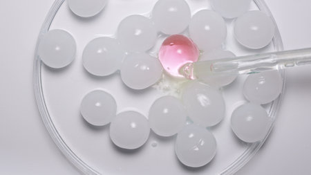 Close up shot of transparent substance on white background. Pipette pouring beauty product fluid or...