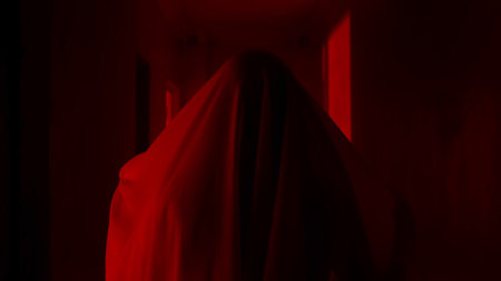 Portrait of ghost female in the house. Woman in white dress with veil covering her face walking in the corridor with red lightningの写真素材