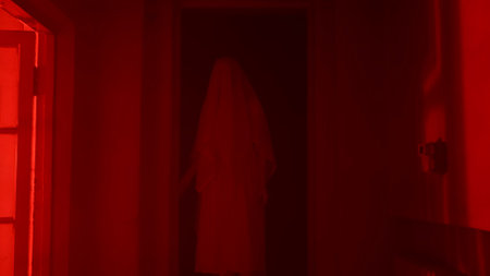 Portrait of ghost female in the house. Woman in white dress with veil covering her face walking in the corridor with red lightningの写真素材