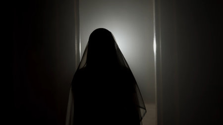 Portrait of ghost female in the house. Woman in white dress with veil covering her face in the place...