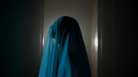 Portrait of ghost female in the house. Woman in white dress with veil covering her face walking in the room with blue lightning.の写真素材