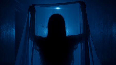 Horror movie and poltergeist creative advertising concept. Portrait of a female ghost in a house. Woman in white dress covers her head with a veil or white veil. Blue horror light.の写真素材