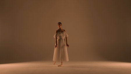 Portrait of female on soft background in warm light in studio. Beautiful ballerina in white tulle showing dance element of choreography.の写真素材