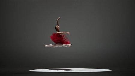 A ballerina in a red tutu and pointe shoes during a twine jump. A young woman dancing elements of classical ballet in a dark studio with overhead light.の写真素材