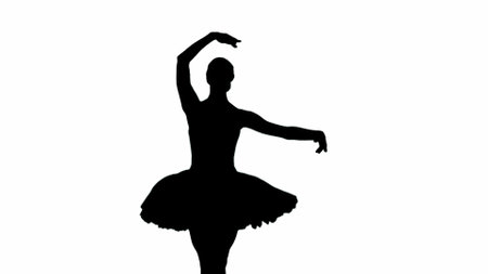 Silhouette of female isolated on white background with alpha channel. Full shot ballerina silhouette in tutu dancing choreography.の写真素材