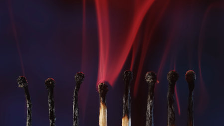 Row of black charred matches and light white smoke on dark studio background. The matches have extinguished and left a trail of smoke. Macro shot.の写真素材