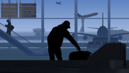 The frame shows an airport with a waiting room. A man is waiting for his luggage while it is checked by X ray scanners. Then he takes his suitcase and leaves. On its background runway with airplanesの写真素材