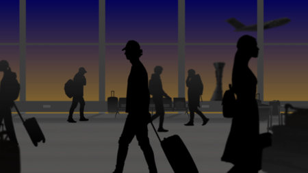 In the frame of the airport with a waiting room. People in slow mo, silhouette they go in different directions holding luggage. In the background of the sunset and take off runway with planesの写真素材