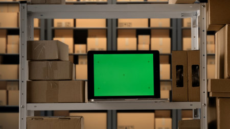 Laptop with chroma key green screen display standing on the storage rack shelf with boxes, workspace...
