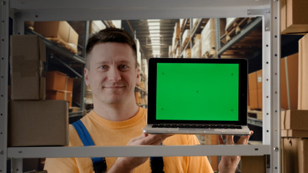 Portrait of male working in storage. Man storekeeper standing near rack with boxes holding laptop with chroma key green screen mockup.の写真素材