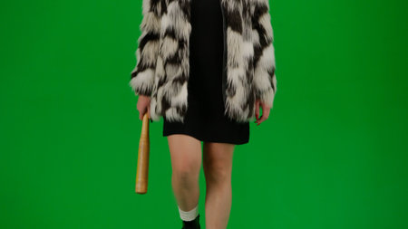 Woman in fur coat and evening dress walking with bat in hand. Woman freak on green background in studio. Fashion trend concept, feminist trend in fashion.の写真素材