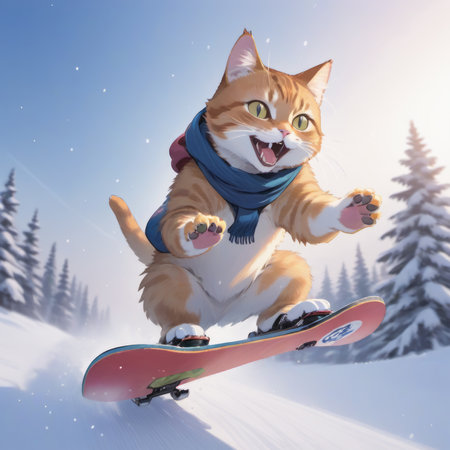 Snowboarding Excitement: Adventure Cat on the Slopes Generative AIの素材