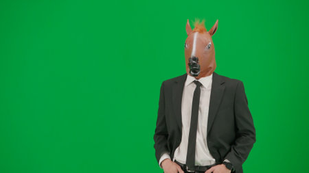Man in business suit with horse head mask on green studio background. Businessman walking and keeping his hands in pants pockets. Concept of hard office work.の写真素材