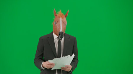 A man in a business suit with a horse head mask on a green studio background. A businessman looks through papers with charts. Hard office work concept.の写真素材