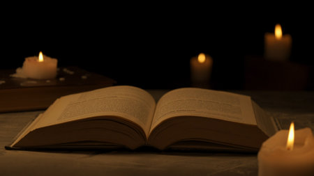 Studio shot of old retro hardcover book on dark background in warm light. Old vintage book laying opened with candles around it.の写真素材
